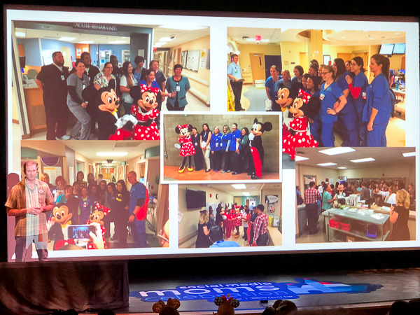 Photos of Mickey and Minnie visiting hospitals. 