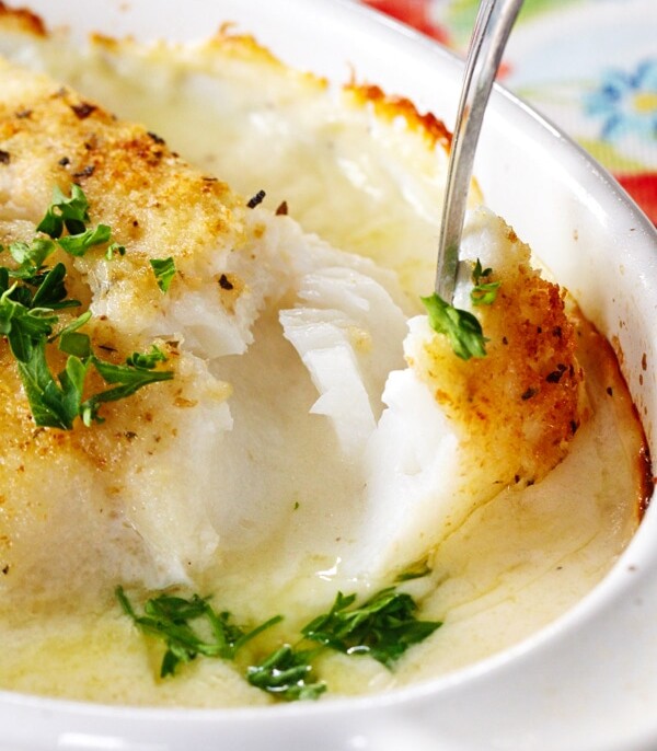 Lightly breaded cod in cream sauce being pulled apart with a fork to show flaky texture