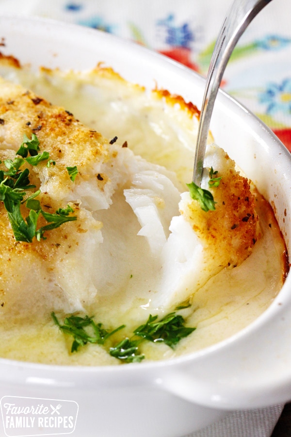 Lightly breaded cod in cream sauce being pulled apart with a fork to show flaky texture.