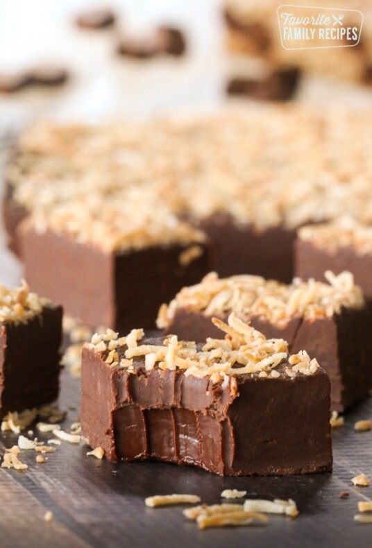Chocolate Coconut Fudge with a bite out of it.