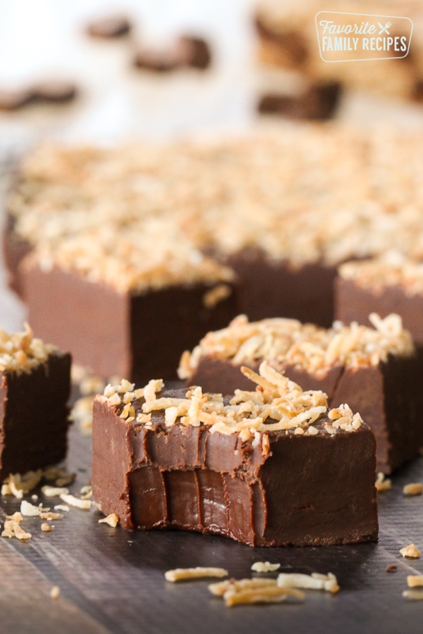 Creamy Chocolate Coconut Fudge with a bite out of it.