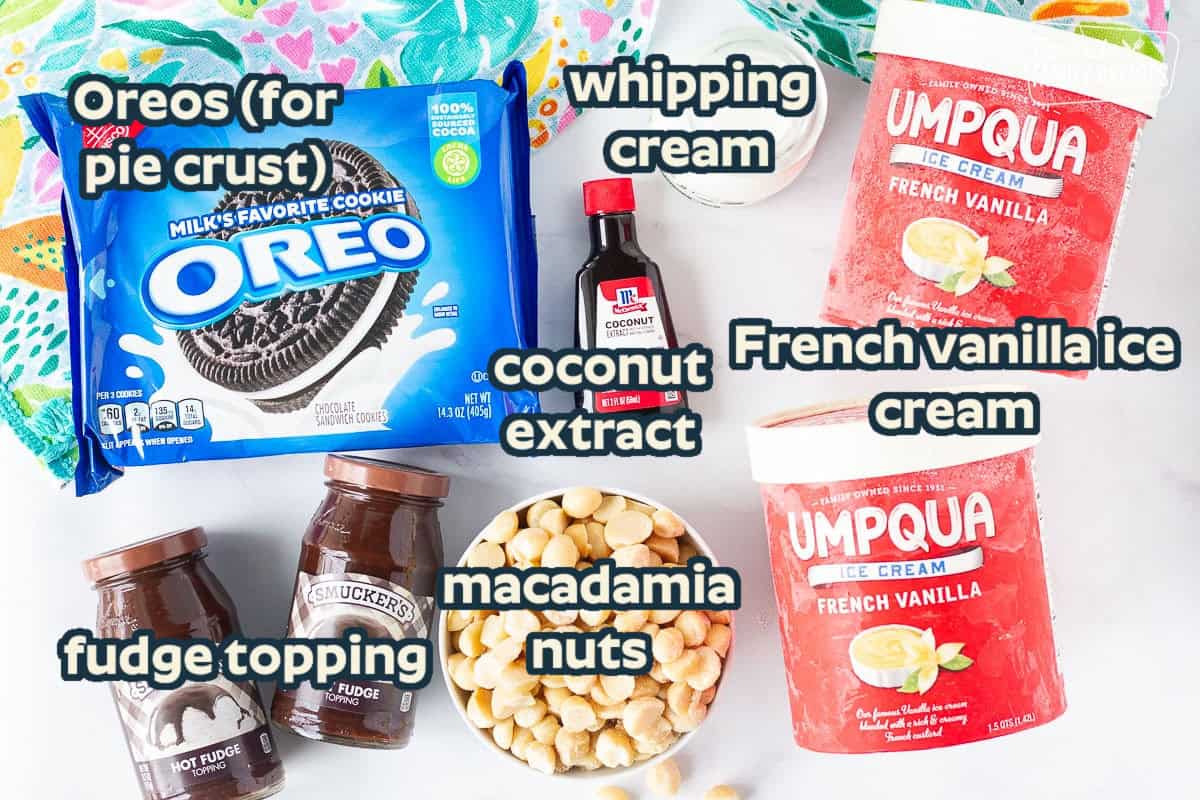 Ingredients for Duke's Hula Pie including French vanilla ice cream, cream, coconut extract, hot fudge, Oreos and macadamia nuts.
