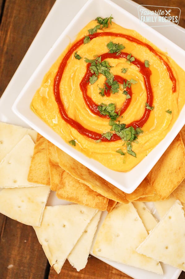 Roasted Red Pepper Dip with a side of tortilla chips