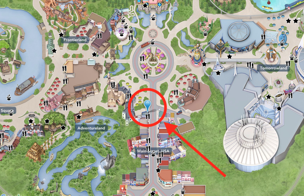 Map of Disneyland showing the location of the Refreshment Corner