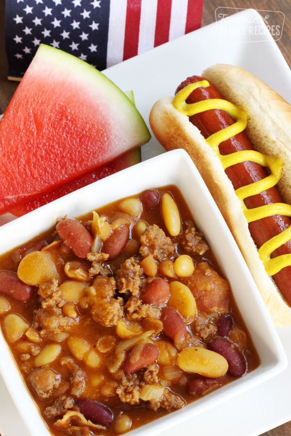 BBQ Baked Beans with hot dog and watermelon
