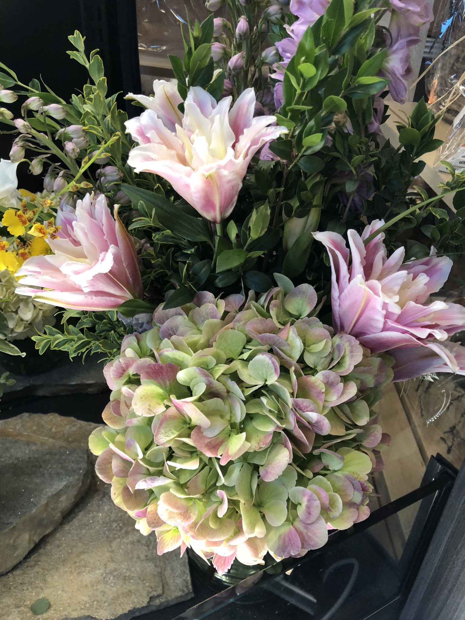 Albertsons Floral Display with pink and green hydrangea