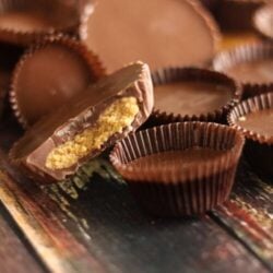 homemade peanut butter cups on a wood board