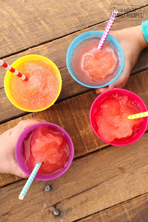 5 minute slushies in colored cups with straws. 