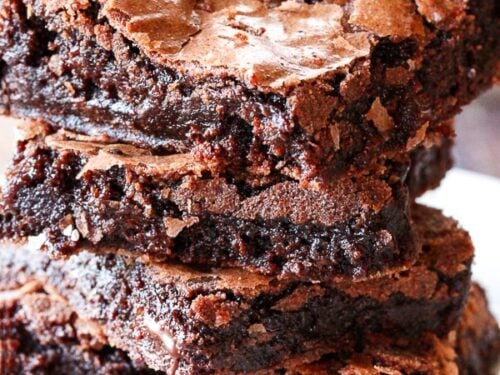 3 better than box mix brownies stacked on top of each other.