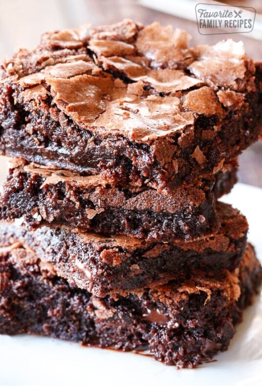 3 better than box mix brownies stacked on top of each other.