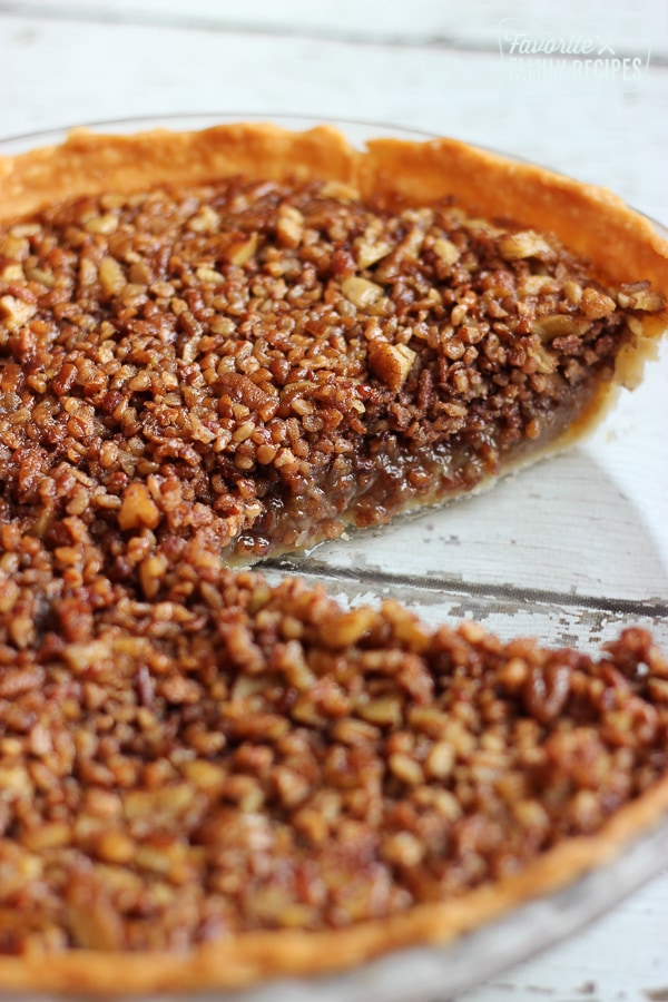 Brown Butter Pecan Pie with a Slice Removed
