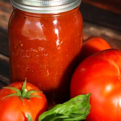 Jar of spaghetti sauce with fresh tomatoes and basil