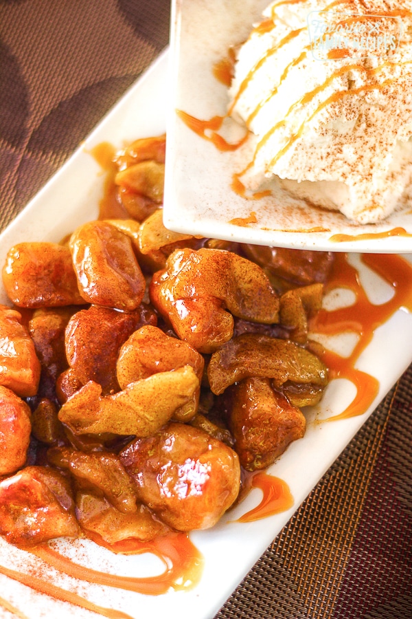 Caramel Apple Dumpling Bites with a side of vanilla ice cream.