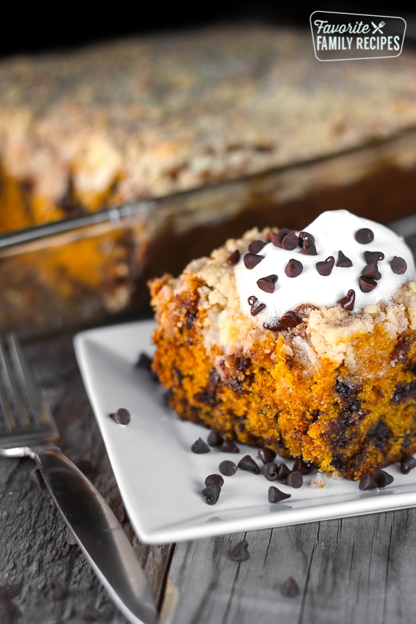 A slice of Chocolate Chip Pumpkin Coffee Cake on a white plate with the pan of cake in the background.