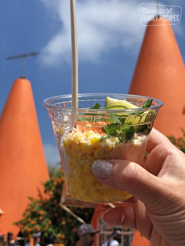 Elote in a cup at the Cozy Cone Restaurant at Disney's California Adventure.