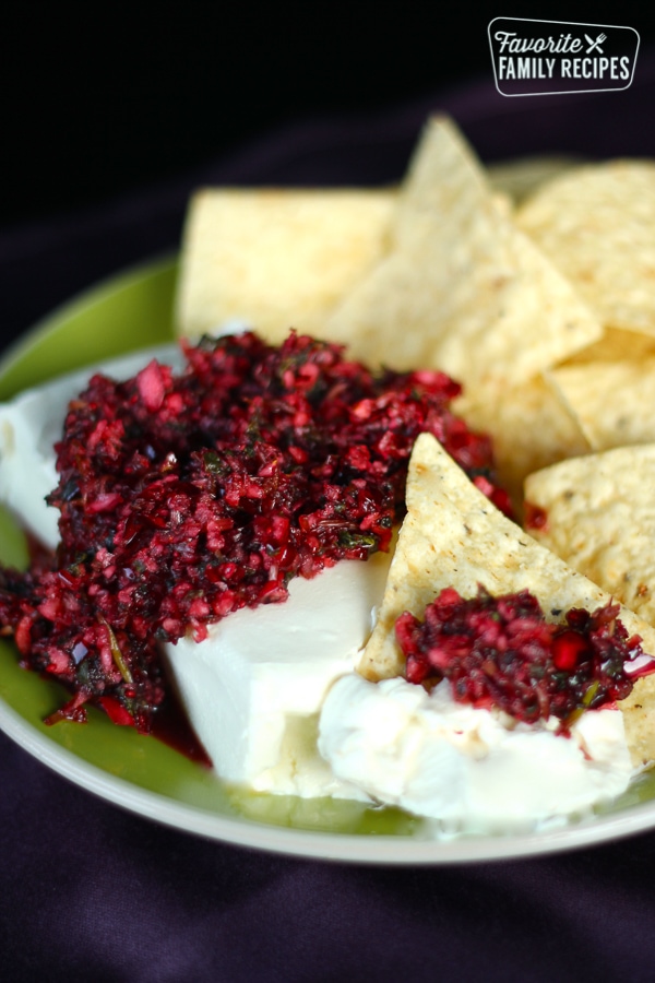 Cranberry Salsa over cream cheese with tortilla chips on the side.