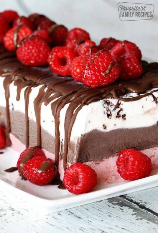 Close up of Frozen Layered Gelato Cake topped with raspberries