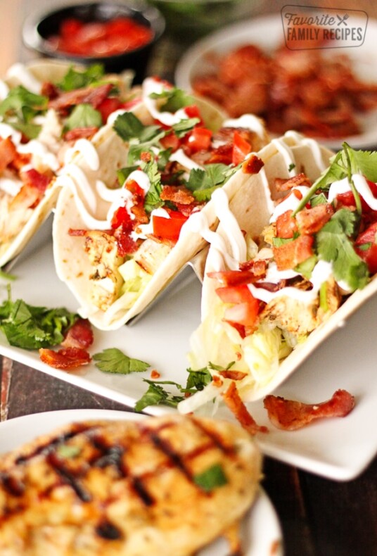 Grilled Chicken BLT Tacos on a white plate.