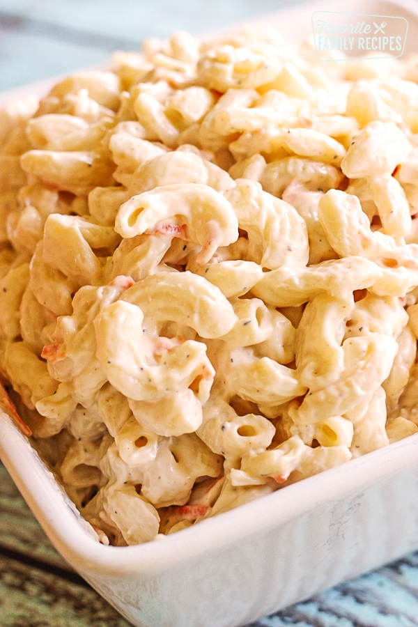 Close up of Hawaiian Macaroni Salad in a white Dish