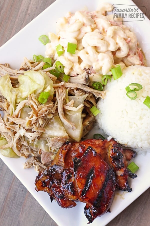 An Hawaiian Plate Lunch (or Mixed Plate) with Kale Pork, Hawaiian Macaroni Salad, and Rice