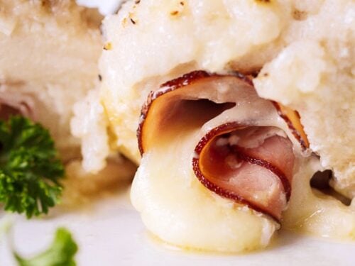 Close up of a piece of Instant Pot Chicken Cordon Bleu