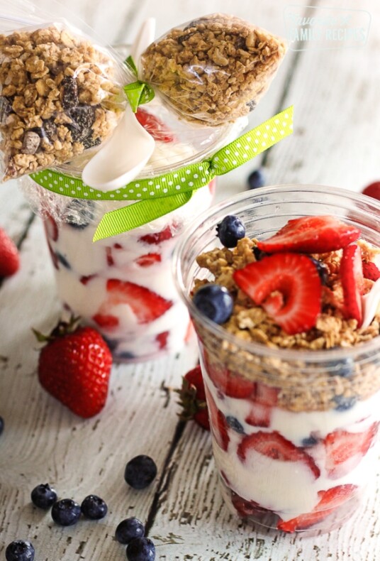 Make Ahead Breakfast Parfaits topped with strawberries in a clear plastic cup