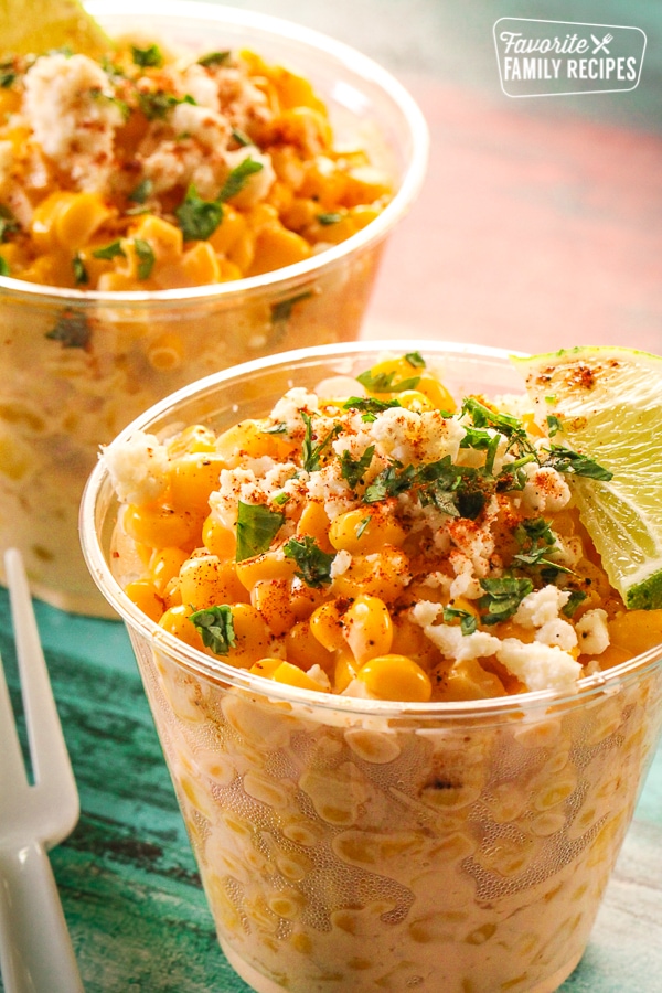 Mexican Street Corn in clear cups on a table