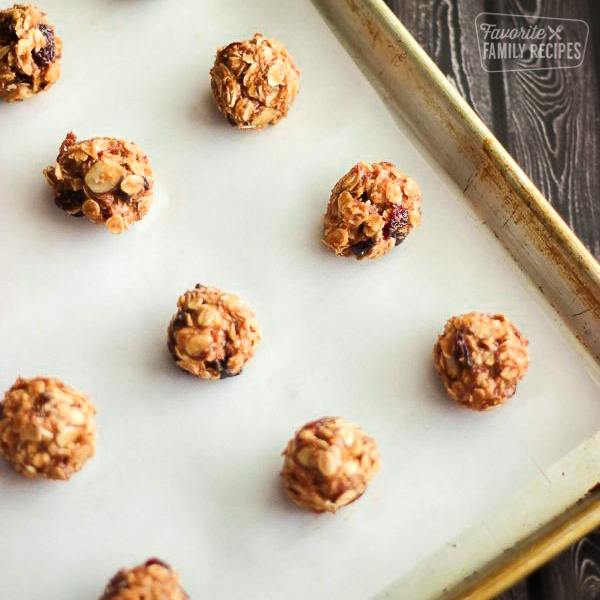 Sheet pan of PB and J Energy Bites in rows