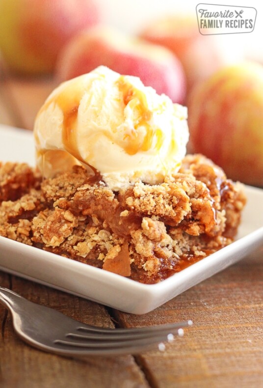 Traditional Apple Crisp with Ice Cream and Caramel Drizzle