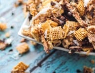 Almond Joy Chex Mix in a white bowl