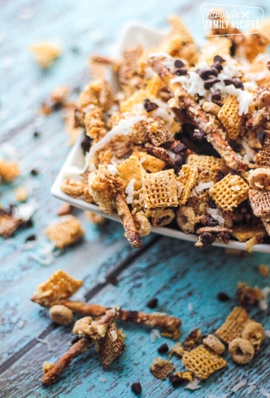 Almond Joy Chex Mix in a white bowl