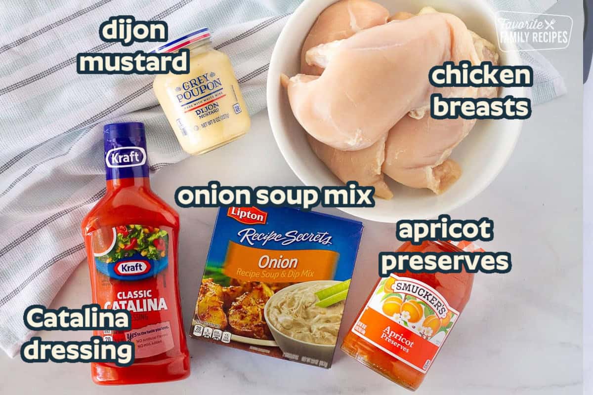 Catalina dressing, dijon mustard, onion soup mix, apricot preserves and chicken to make Instant Pot Apricot Chicken.