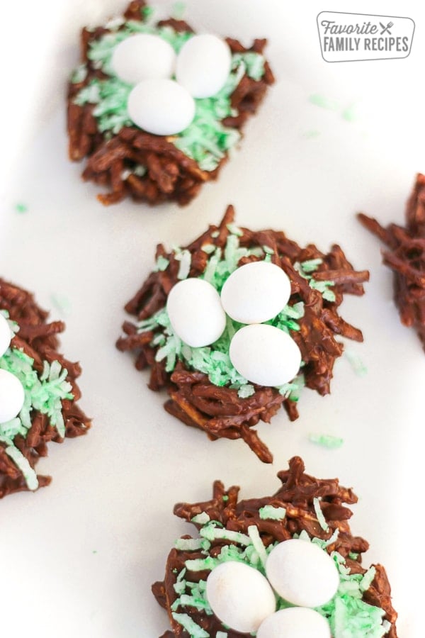 Above view of Chocolate Peanut Butter Birds Nests on a white tray