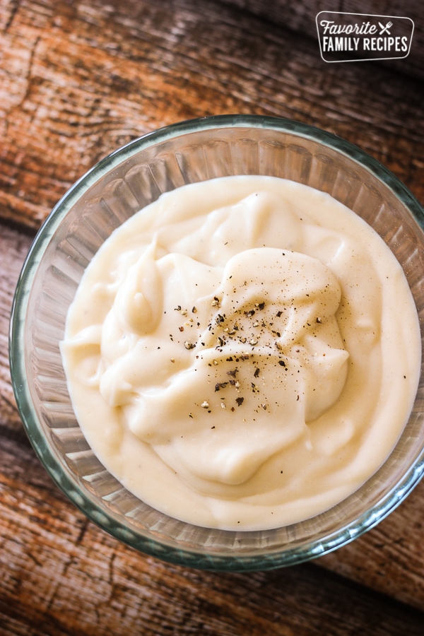 Above view of Condensed Cream of Chicken Soup Substitute in a glass bowl.