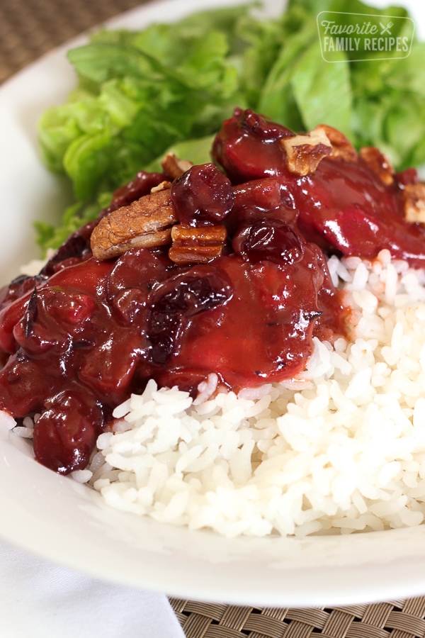 Cranberry Chicken over white rice with salad on the side. 