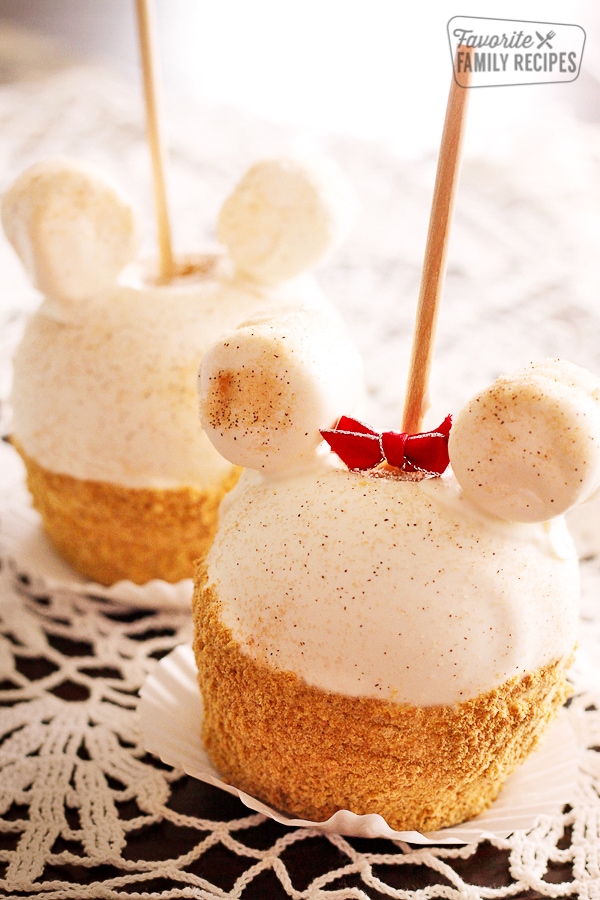 Apple oue caramel apples with marshmallows on top to look like Mickey Mouse