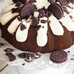 Double Chocolate Oreo Bundt Cake on a cake stand.