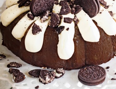 Double Chocolate Oreo Bundt Cake on a cake stand.