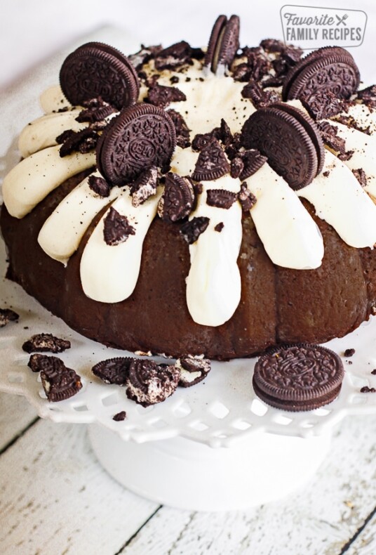 Double Chocolate Oreo Bundt Cake on a cake stand.