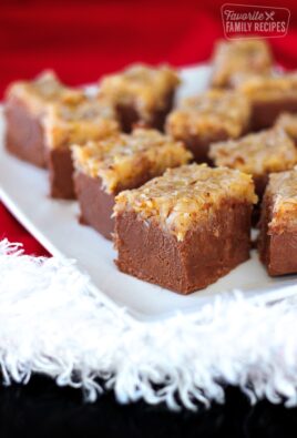 Pieces of German Chocolate Fudge on a Christmas tablecloth