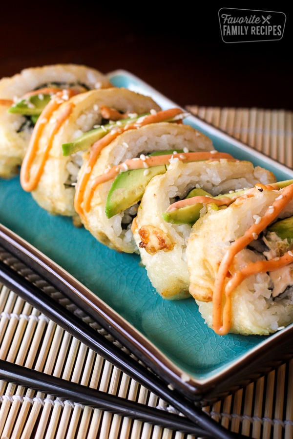 shrimp tempura godzilla rolls with spicy mayo