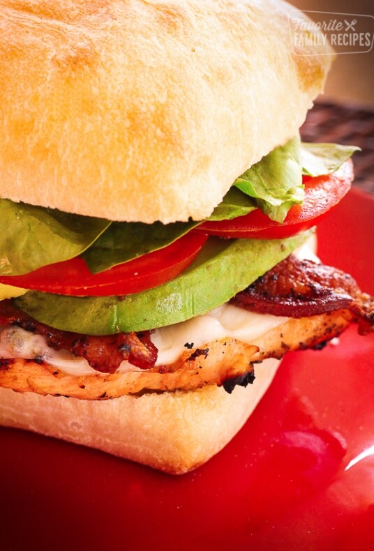 Close up of a Grilled Chicken Sandwich with Spicy Aioli Mayo on a red plate