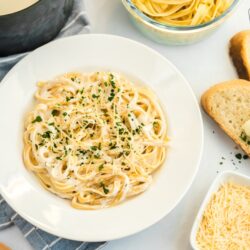 A plate of noodles topped with Homemade Alfredo Sauce and parsley flakes