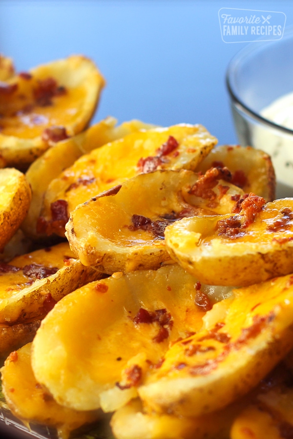 Loaded Cheesy Potato Skins with Ranch on the side.