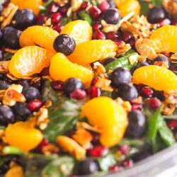 Mandarin Spinach Salad with Candied Pecans, blueberries, and pomegranite seeds in a big glass bowl.