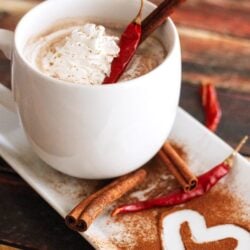 Mayan Hot Chocolate topped with whipped cream and cinnamon sticks in a white mug.