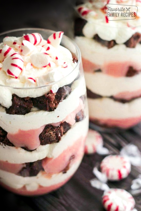 Two Peppermint Brownie Parfaits in Glass Cups