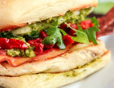 Our Version of Cubby’s Pikey Chicken Sandwich with bacon and pesto.