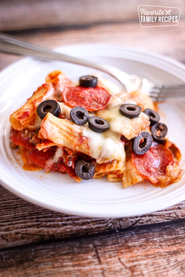 Crockpot pizza bake on a white plate. 