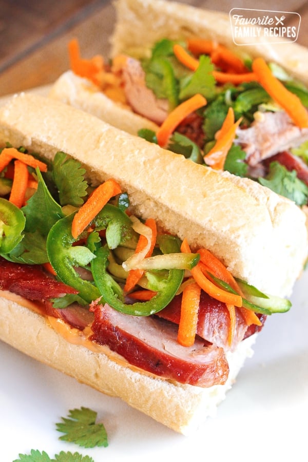 Vietnamese Pork Bahn Mi Sandwiches on a Plate.